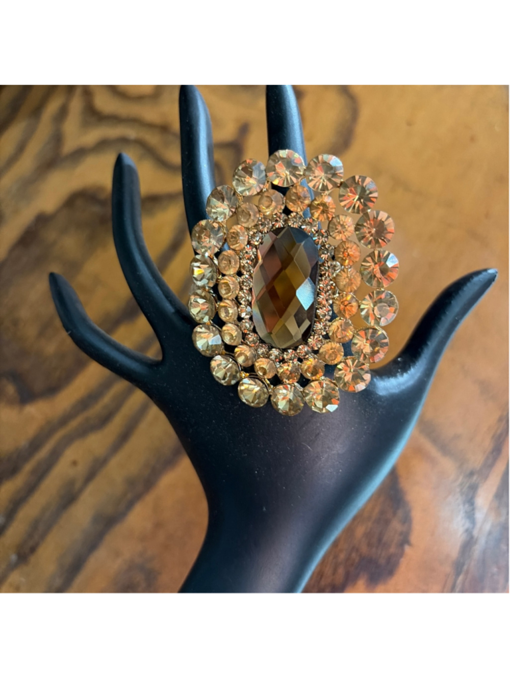 Vintage Topaz Rhinestone Statement Cocktail Ring Stretchy Adjustable Band